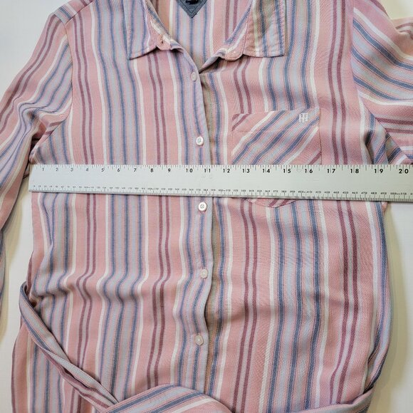 Tommy Hilfiger Pink Blue Striped Long Sleeve Shirtdress Belted sz 14 - Picture 6 of 11